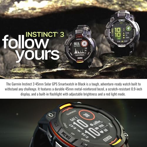 Garmin Instinct 3 45mm Solar GPS Smartwatch with Built-in Flashlight (Black) Bundle with Focus Camera Portable Charger Stand and Focus Charger Port Protectors (9-Pack) (3 Items)