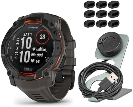 Garmin Instinct 3 50mm Solar GPS Smartwatch with Built-in Flashlight (Black with Charcoal Band) Bundle with Focus Camera Portable Charger Stand and Focus Charger Port Protectors (9-Pack) (3 Items)