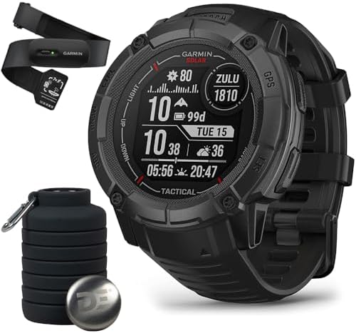 Garmin 010-02805-13 Instinct 2X Solar Rugged GPS Smartwatch Tactical Edition Black Bundle with Garmin Heart Rate Monitor Accurate Heart Rate & HRV Data Strap M-XL and Collapsable Water Bottle