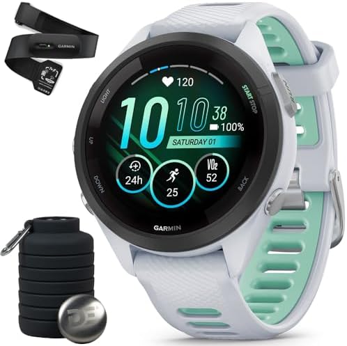Garmin Forerunner 265S Running GPS Smartwatch, AMOLED Display, 42mm, Whitestone/Neo Tropic, 010-02810-04 - Bundle w/Deco Essentials Heart Rate Monitor M-XL Strap and Water Bottle