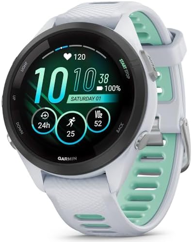 Garmin Forerunner 265S Running GPS Smartwatch, AMOLED Display, 42mm, Whitestone/Neo Tropic, 010-02810-04 - Bundle w/Deco Essentials Heart Rate Monitor M-XL Strap and Water Bottle