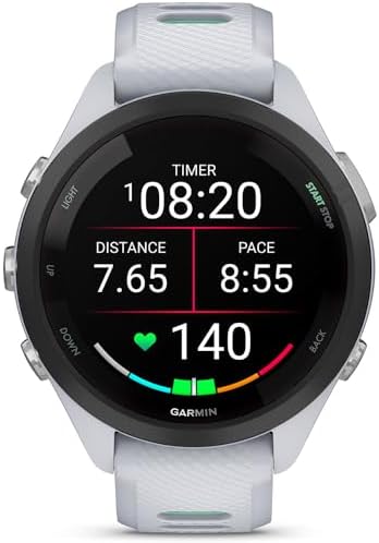 Garmin Forerunner 265S Running GPS Smartwatch, AMOLED Display, 42mm, Whitestone/Neo Tropic, 010-02810-04 - Bundle w/Deco Essentials Heart Rate Monitor M-XL Strap and Water Bottle
