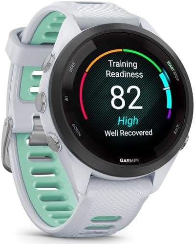 Garmin Forerunner 265S Running GPS Smartwatch, AMOLED Display, 42mm, Whitestone/Neo Tropic, 010-02810-04 - Bundle w/Deco Essentials Heart Rate Monitor M-XL Strap and Water Bottle