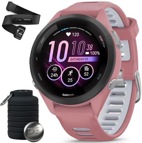 Garmin Forerunner 265S Running GPS Smartwatch, AMOLED Display, 42mm, Light Pink/Whitestone, 010-02810-05 - Bundle w/Deco Essentials Heart Rate Monitor M-XL Strap and Water Bottle
