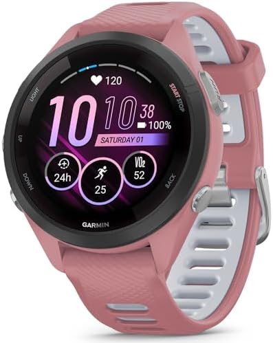 Garmin Forerunner 265S Running GPS Smartwatch, AMOLED Display, 42mm, Light Pink/Whitestone, 010-02810-05 - Bundle w/Deco Essentials Heart Rate Monitor M-XL Strap and Water Bottle