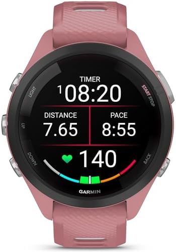Garmin Forerunner 265S Running GPS Smartwatch, AMOLED Display, 42mm, Light Pink/Whitestone, 010-02810-05 - Bundle w/Deco Essentials Heart Rate Monitor M-XL Strap and Water Bottle