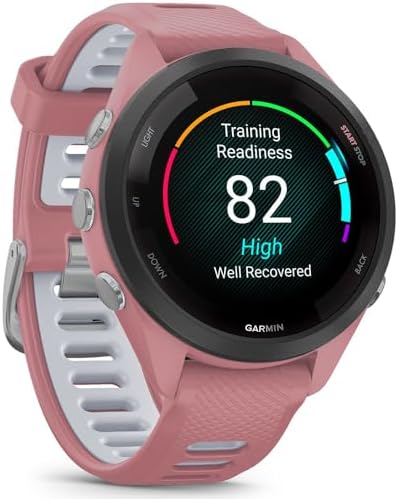 Garmin Forerunner 265S Running GPS Smartwatch, AMOLED Display, 42mm, Light Pink/Whitestone, 010-02810-05 - Bundle w/Deco Essentials Heart Rate Monitor M-XL Strap and Water Bottle