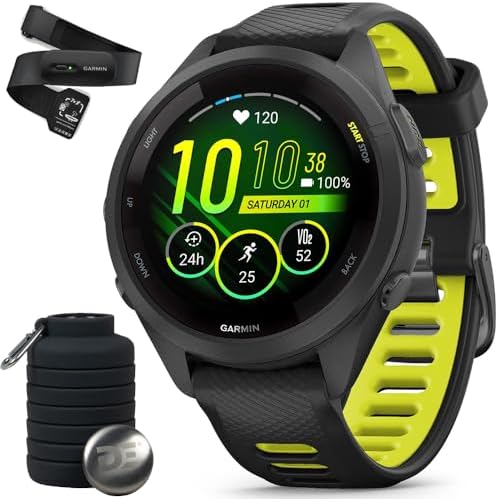 Garmin Forerunner 265S Running GPS Smartwatch, AMOLED Display, 42mm, Black/Amp Yellow, 010-02810-03 - Bundle w/Deco Essentials Heart Rate Monitor XS-S Strap and Water Bottle