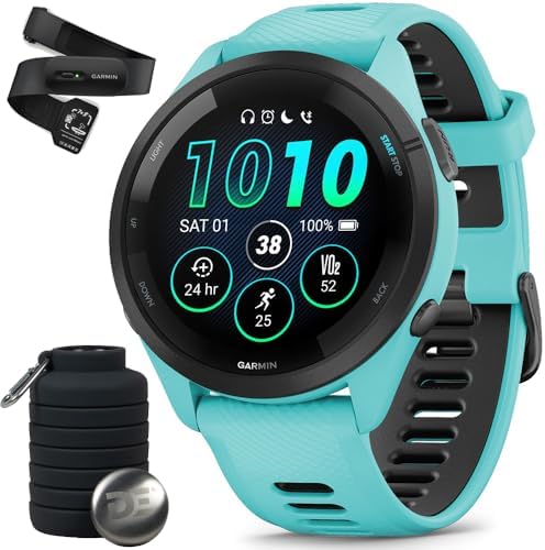 Garmin Forerunner 265 Running GPS Smartwatch, AMOLED Display, 46mm, Aqua/Black, 010-02810-02 - Bundle w/Deco Essentials Heart Rate Monitor XS-S Strap and Water Bottle