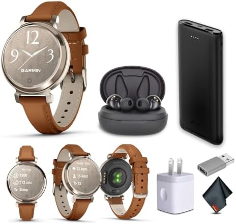 Garmin Lily 2 Classic Small and Stylish Smartwatch Up to 5 Days Battery Life Hidden Display Patterned Lens Cream Gold with Tan (010-02839-02) Fitness Smart Watch Bundle for Women