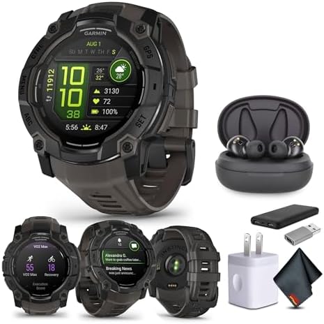 Garmin Instinct 3 45mm AMOLED Display Outdoor GPS Smartwatch, Metal-Reinforced Bezel, Built-in Flashlight, 18 Days Battery Life, Black (010-02936-00) with Earbuds Bundle