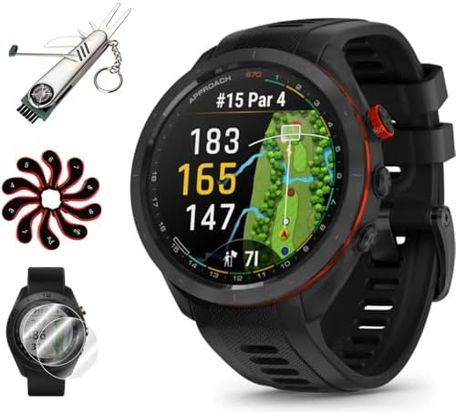Garmin 010-02746-02 Approach S70 47 mm Premium GPS Golf Watch, Black Band Bundle with Deco Essentials 2-Pack Screen Protector, 7-in-1 Multi-Function Golf Tool and Zippered Iron Head Covers Set
