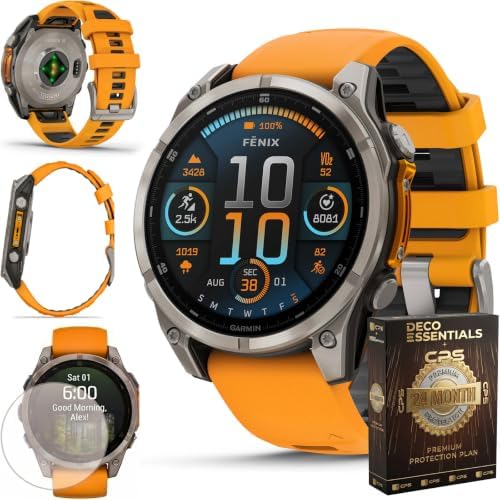 Garmin Fenix 8 47mm AMOLED Sapphire Multisport GPS Smartwatch, Titanium with Spark Orange Silicone Band, 010-02904-10 - Bundle w/Deco Essentials 26-Month CPS Plan