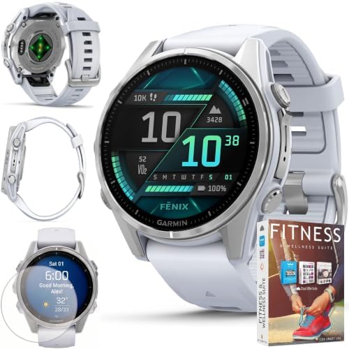 Garmin Fenix 8 43mm AMOLED Multisport GPS Smartwatch, Silver with Whitestone Silicone Band, 010-02903-00 - Bundle w/Deco Essentials Screen Protector and Fitness and Wellness Suite