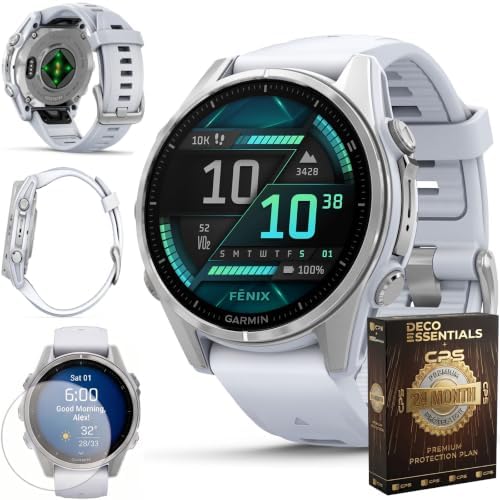 Garmin Fenix 8 43mm AMOLED Multisport GPS Smartwatch, Silver with Whitestone Silicone Band, 010-02903-00 - Bundle w/Deco Essentials 26-Month CPS Plan