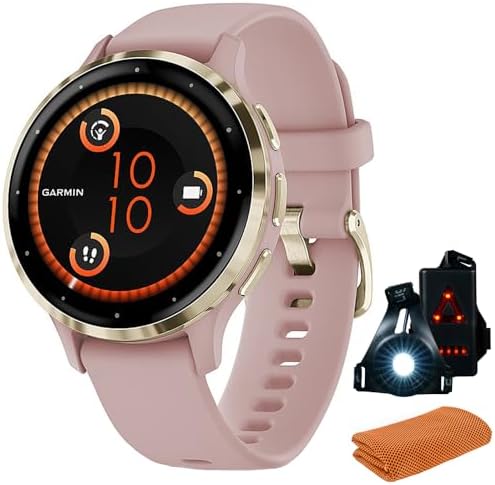 Garmin Venu 3 Slate Stainless Steel Bezel AMOLED Smartwatch, 45mm Black Case, 010-02784-01 - Bundle w/Deco Essentials Towel and Commuter Safety Lights