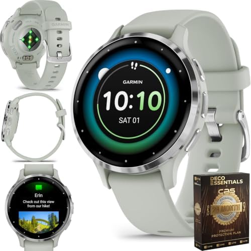 Garmin Venu 3S, Running GPS Smartwatch, AMOLED Display, Advanced Health & Fitness, Up to 10 Days Battery, Silver with Sage Gray Silicone Band - Bundle w/Deco Essentials 26-Month CPS Plan