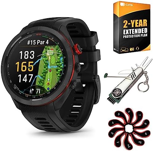 Garmin Approach S70 47 mm Premium GPS Golf Watch, Black Band (010-02746-02) | Official USA Partner Model | Bundle with 2 YR CPS Protection Pack, Deco Gear 7-in-1 Golf Tool and Iron Head Covers Set