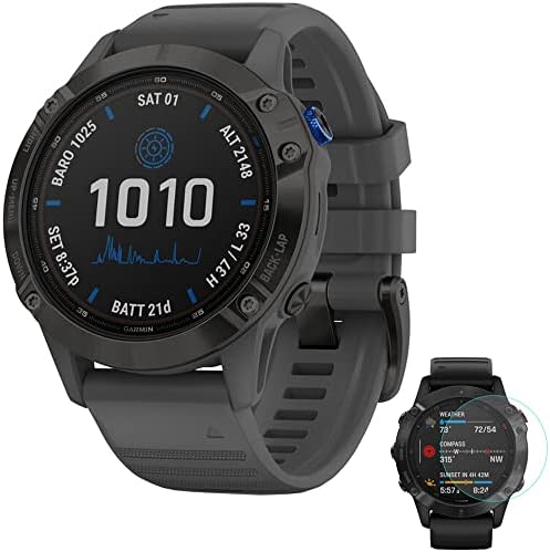 Garmin 010-02410-10 Fenix 6 Pro Solar Multisport GPS Smartwatch Black with Slate Gray Band Bundle with Fenix 6 Screen Protector (Renewed)