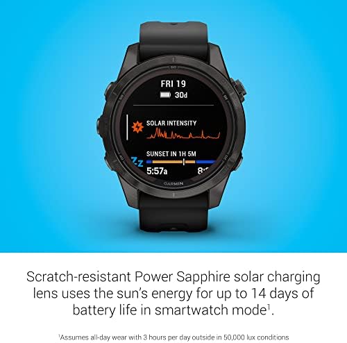 Garmin fēnix 7S Pro Sapphire Solar, Multisport GPS Smartwatch, Built-in Flashlight, Solar Charging Capability, Black