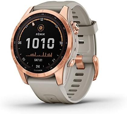 Garmin fenix 7S Solar, Smaller sized adventure smartwatch, with Solar Charging Capabilities, Rugged outdoor watch with GPS, touchscreen, rose gold with light sand band