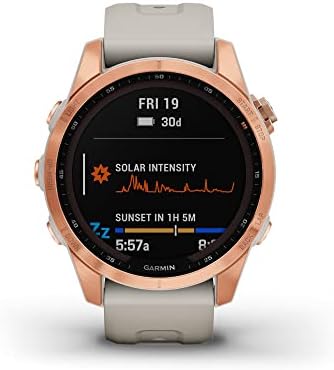 Garmin fenix 7S Solar, Smaller sized adventure smartwatch, with Solar Charging Capabilities, Rugged outdoor watch with GPS, touchscreen, rose gold with light sand band