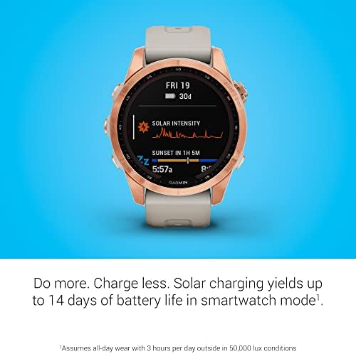 Garmin fenix 7S Solar, Smaller sized adventure smartwatch, with Solar Charging Capabilities, Rugged outdoor watch with GPS, touchscreen, rose gold with light sand band