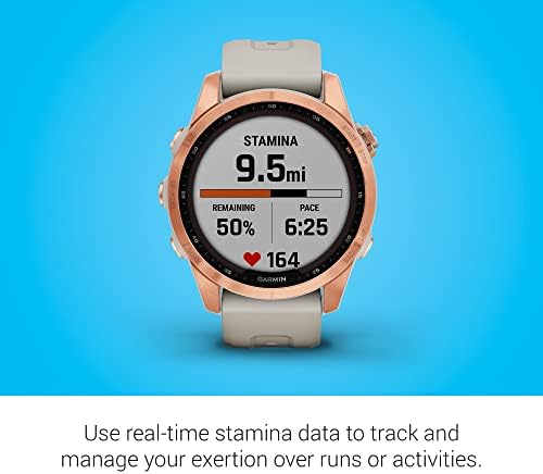 Garmin fenix 7S Solar, Smaller sized adventure smartwatch, with Solar Charging Capabilities, Rugged outdoor watch with GPS, touchscreen, rose gold with light sand band