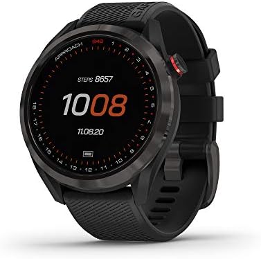 Garmin Approach S42, GPS Golf Smartwatch, Lightweight with 1.2" Touchscreen, 42k+ Preloaded Courses, Gunmetal Ceramic Bezel and Black Silicone Band, 010-02572-10 (Renewed)