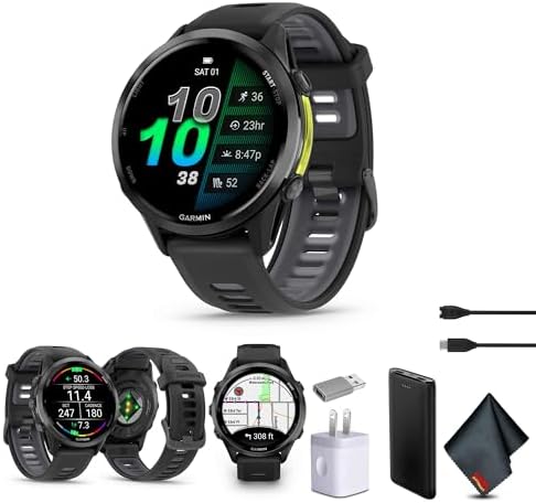 Garmin Forerunner 970 Running Smartwatch, GPS Fitness Smart Watch for Men and Women, Carbon Gray DLC Titanium with Black Case and Black/Translucent Whitestone Band​ Bundle with P-Bank + More