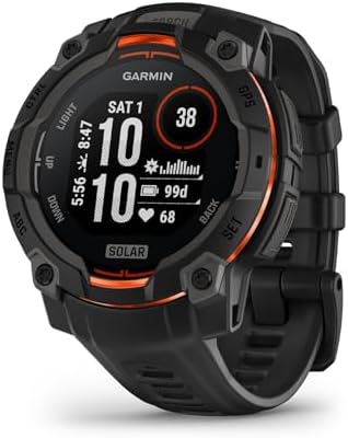 Garmin Instinct 3 45mm, Solar Charged Display, Rugged Outdoor GPS Smartwatch, Metal-Reinforced Bezel, Built-in Flashlight, Black (Renewed)