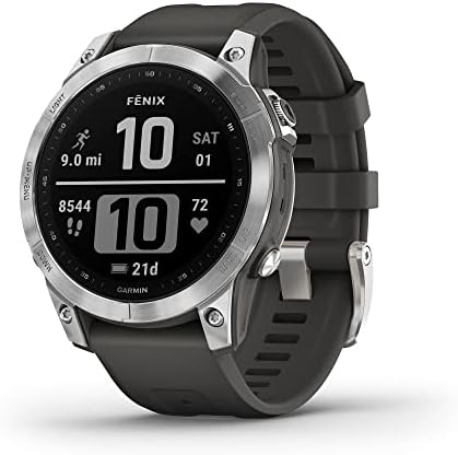 Garmin 010-02540-00 fenix 7, adventure smartwatch, rugged outdoor watch with GPS, touchscreen, health and wellness features, silver with graphite band (Renewed)