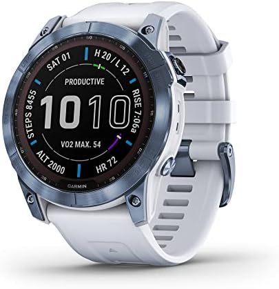 Garmin Fenix 7X Sapphire Solar, Adventure Smartwatch, w/Solar Charging Capabilities, Rugged Outdoor GPS Watch, Touchscreen, Wellness Features, Mineral Blue Titanium w/Whitestone Band (Renewed)