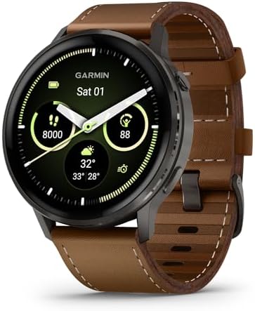 Garmin Venu 4, 45mm, Advanced Health and Fitness GPS Smartwatch,Bright Colorful Display,Built-in Flashlight,12 Days of Battery Life, Slate with Black Silicone and Brown Leather Band - 2 Bands