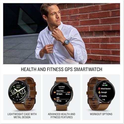 Garmin Venu 4, 45mm, Advanced Health and Fitness GPS Smartwatch,Bright Colorful Display,Built-in Flashlight,12 Days of Battery Life, Slate with Black Silicone and Brown Leather Band - 2 Bands