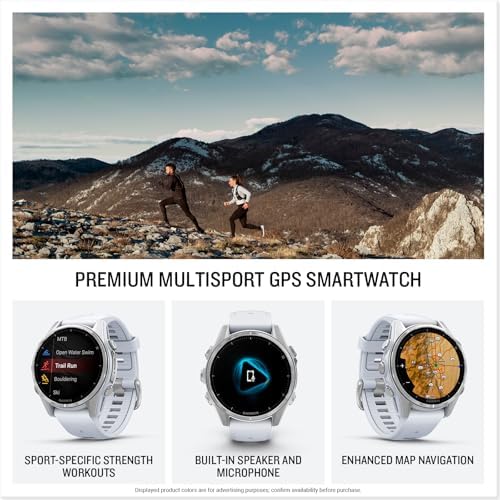 Garmin fēnix 8 – 43mm, AMOLED, Premium Multisport GPS Smartwatch, Long-Lasting Battery Life, Dive-Rated, Built-in LED Flashlight, Silver with Whitestone Band