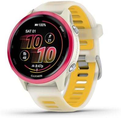 Garmin Forerunner 570, 42mm, Advanced GPS Running and Triathlon Smartwatch, AMOLED Display, Training and Recovery Features, Raspberry Aluminum with Translucent Bone/Mango Band