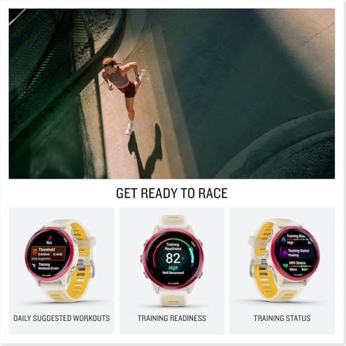 Garmin Forerunner 570, 42mm, Advanced GPS Running and Triathlon Smartwatch, AMOLED Display, Training and Recovery Features, Raspberry Aluminum with Translucent Bone/Mango Band