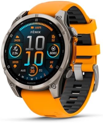 Garmin fēnix 8 – 47 mm, AMOLED, Sapphire, Premium Multisport GPS Smartwatch, Long-Lasting Battery Life, Dive-Rated, Built-in LED Flashlight, Titanium with Spark Orange/Graphite Band