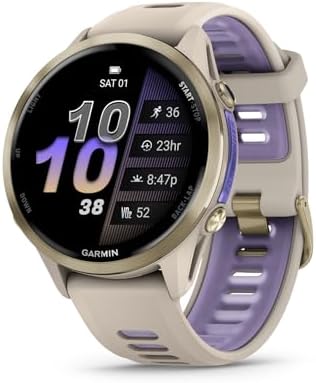 Garmin Forerunner 970, Premium GPS Running and Triathlon Smartwatch, AMOLED Display, Built-in LED Flashlight, Soft Gold Titanium with French Gray Case and French Gray/Translucent Indigo Band