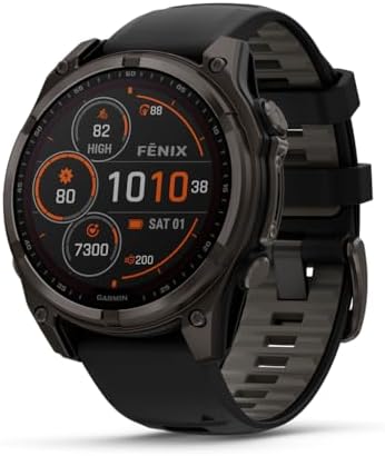 Garmin fēnix 8 – 47 mm,Solar,Sapphire,Premium Multisport GPS Smartwatch, Long-Lasting Battery Life,Dive-Rated, Built-in LED Flashlight, Carbon Gray DLC Titanium Bezel Black/Pebble Gray Silicone Band