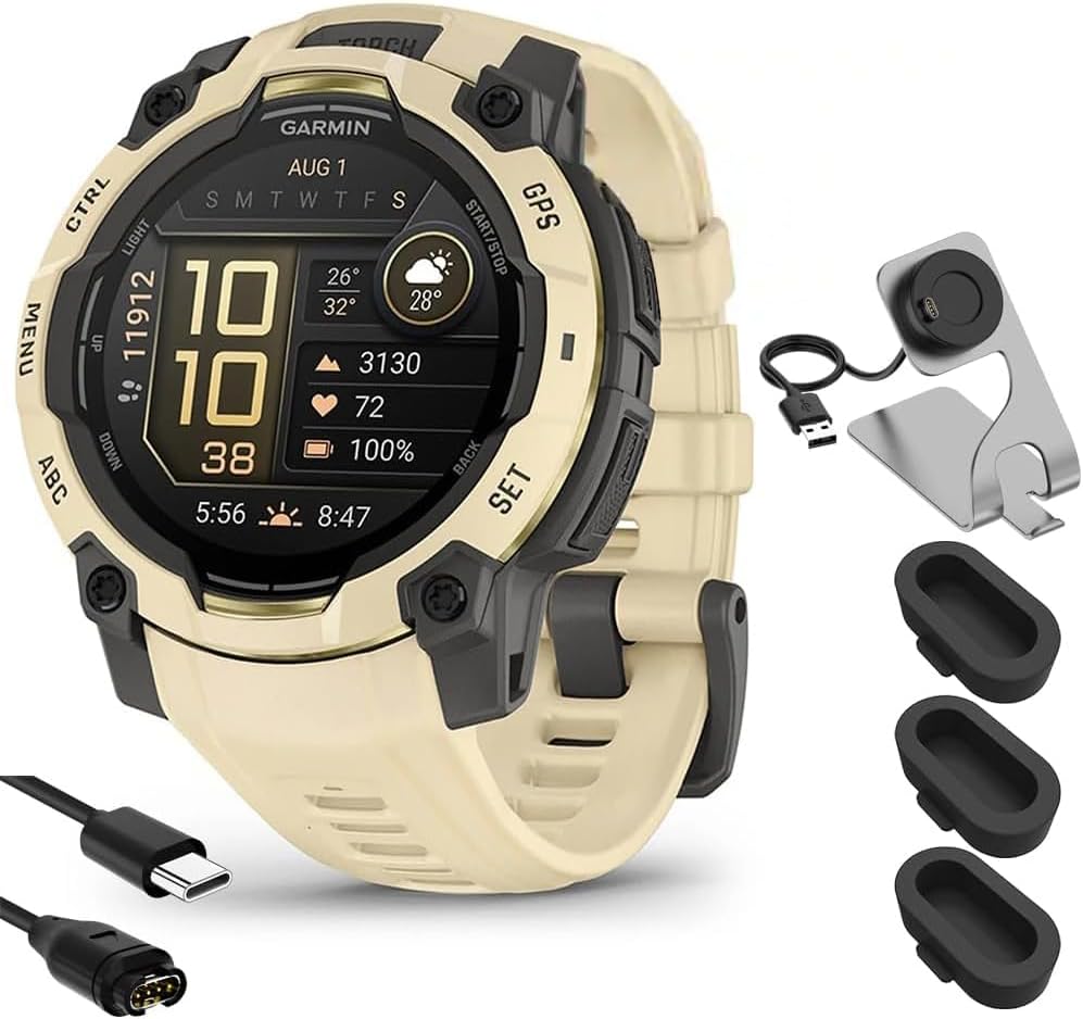 Garmin Instinct 3-45 mm Outdoor GPS Smartwatch AMOLED Citrine with Citrine Band 010-02936-02 Bundle with Deco Essentials Charging Dock, Silicone Dust Cover and USB Type C Charging and Sync Cable