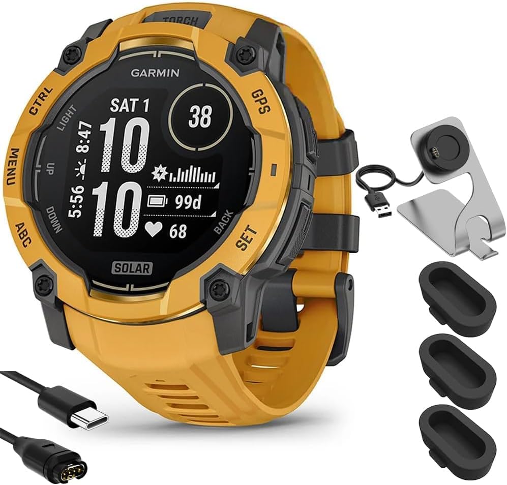 Garmin Instinct 3-45 mm Outdoor GPS Smartwatch Solar Sunburst with Sunburst/Gray Band 010-02934-02 Bundle with Deco Essentials Charging Dock, Silicone Dust Cover and USB Type C Charging Cable