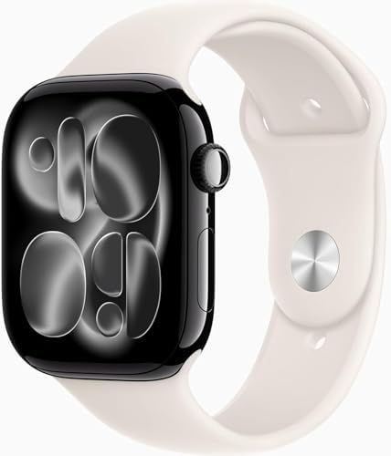 Apple Watch Series 11 [GPS + Cellular, 46mm] Jet Black Aluminum Case with Starlight Sport Band, S/M (Renewed Premium)