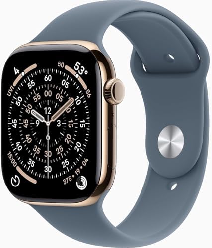 Apple Watch Series 11 [GPS + Cellular, 46mm] Gold Titanium Case with Anchor Blue Sport Band, M/L (Renewed Premium)