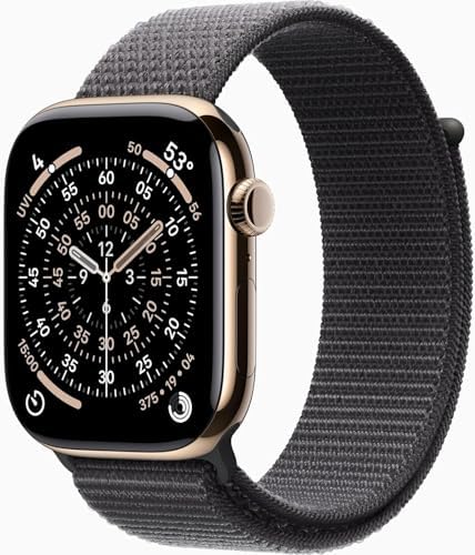 Apple Watch Series 11 [GPS + Cellular, 46mm] Gold Titanium Case with Dark Gray Sport Loop Band, One Size (Renewed Premium)