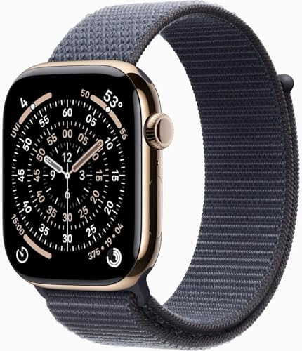 Apple Watch Series 11 [GPS + Cellular, 46mm] Gold Titanium Case with Anchor Blue Sport Loop Band, One Size (Renewed Premium)