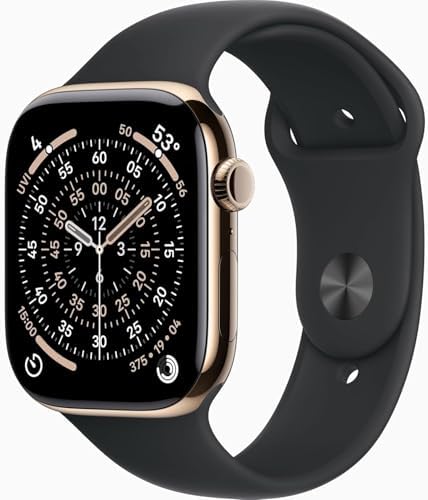 Apple Watch Series 11 [GPS + Cellular, 46mm] Gold Titanium Case with Black Sport Band, S/M (Renewed Premium)