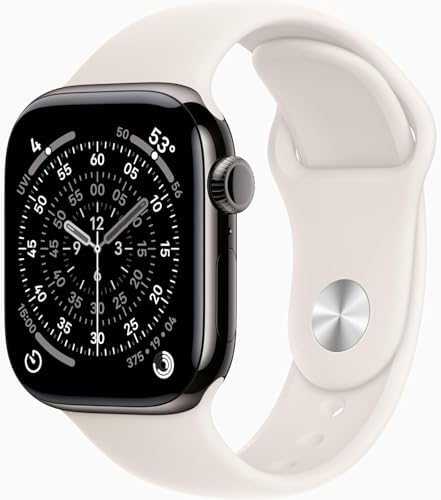 Apple Watch Series 11 [GPS + Cellular, 42mm] Slate Titanium Case with Starlight Sport Band, S/M (Renewed Premium)