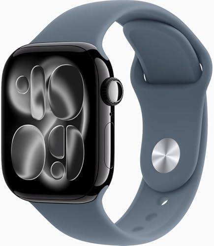 Apple Watch Series 11 [GPS + Cellular, 42mm] Jet Black Aluminum Case with Anchor Blue Sport Band, M/L (Renewed Premium)